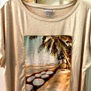Chico’s light tan rayon t-shirt with gold-trimmed beach scene, size 2
